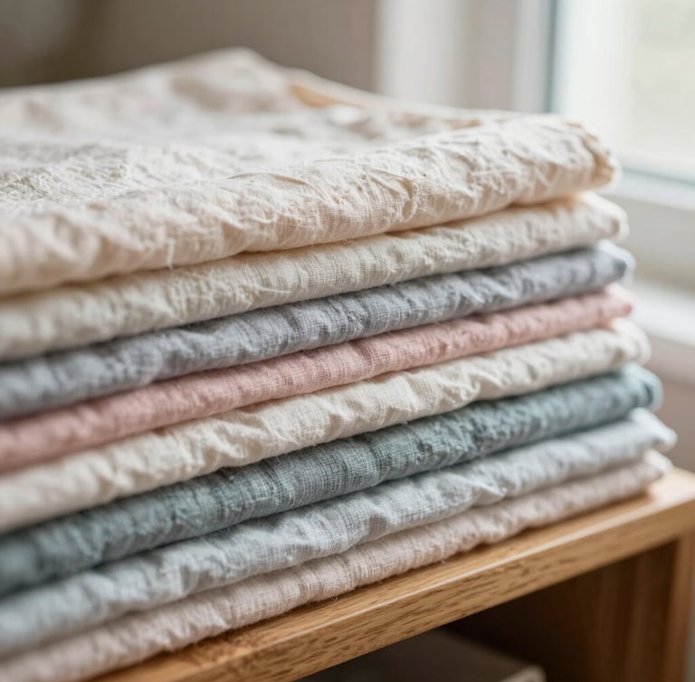 Close-up of neatly folded pastel linen and cotton fabric swatches stacked on a wooden shelf, soft morning window light, shallow depth of field.