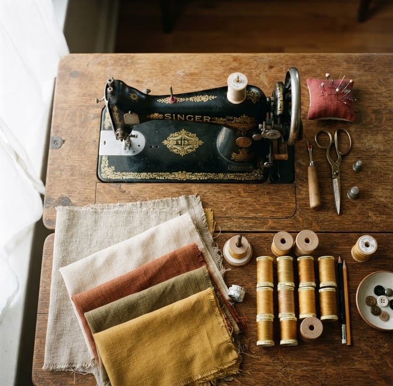 Overhead flat-lay of a wooden sewing table with linen fabrics, golden thread spools, and a vintage sewing machine under soft morning window light