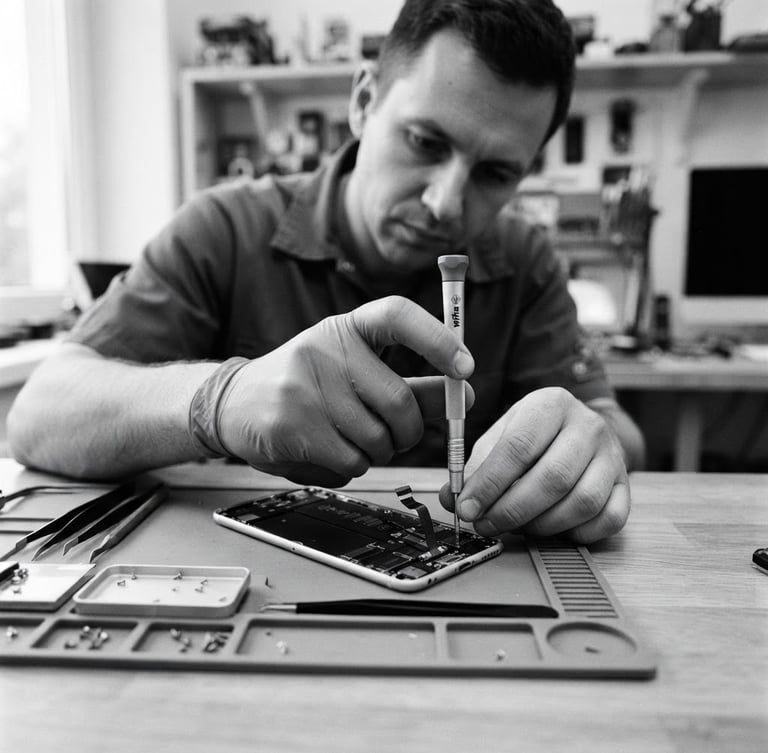 Crisp documentary photography, high contrast black and white tones, macro detail of a technician's hands using a precision screwdriver to replace a phone screen, clean workspace with natural daylight, 35mm