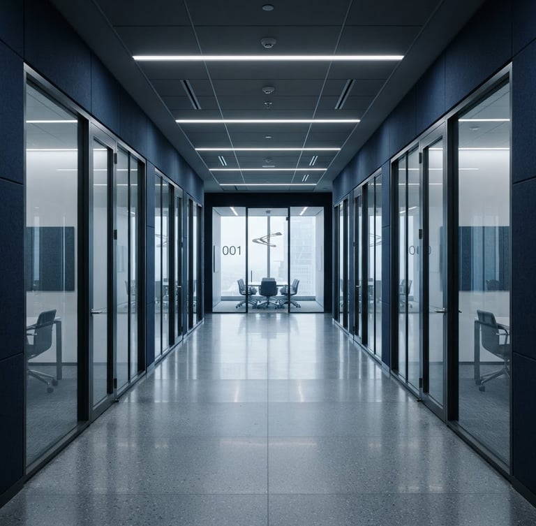 Wide panoramic modern corporate office hallway, symmetrical, cool diffused daylight, deep navy and slate tones, architectural symmetry, 35mm lens, no people