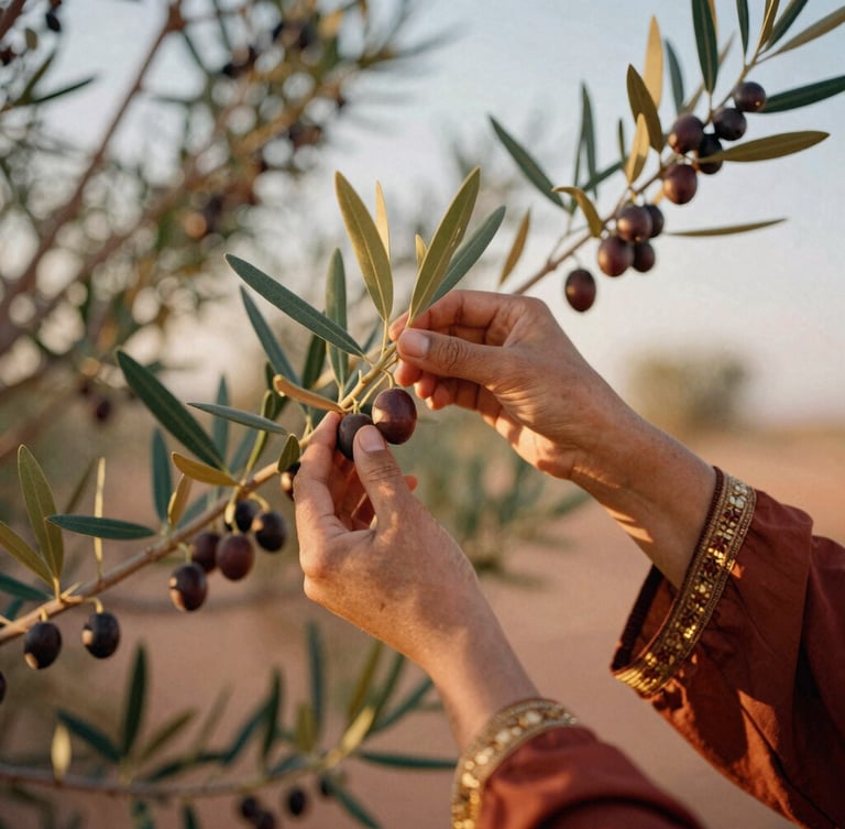 Portrait-oriented photograph of an Amazigh woman's hands gently harvesting argan fruit from a tree branch, golden hour sunlight, soft focus on the hands and fruit.