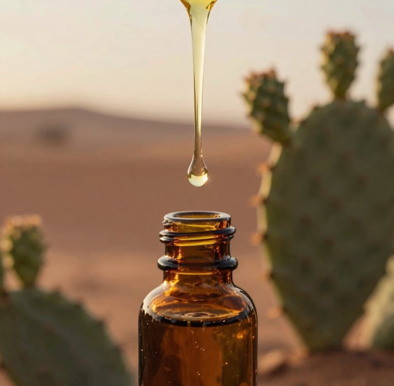 Close-up of golden prickly pear seed oil dripping into a small amber glass bottle, soft focus on the oil, warm golden-hour desert sunlight, shallow depth of field, rich terracotta and olive tones.
