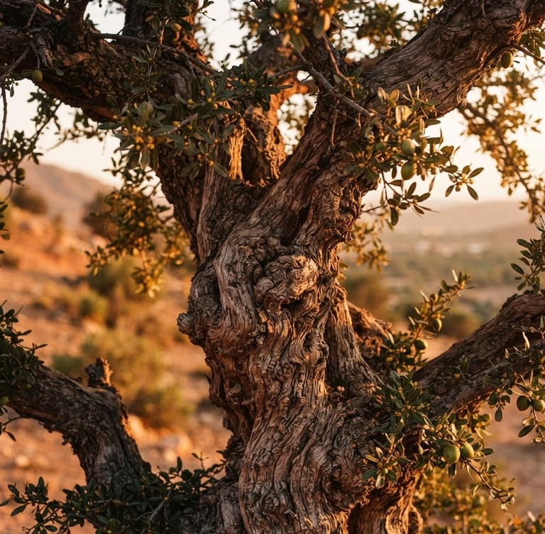 Close-up portrait of a gnarled argan tree in the Souss-Massa valley at golden hour, warm low-angle sunlight, shallow depth of field, rich terracotta and olive tones, 35mm film.
