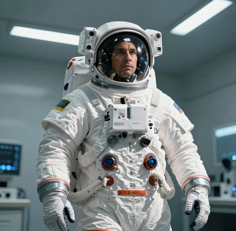 Low-angle heroic portrait of an astronaut in a high-mobility white and orange lunar spacesuit, standing in a high-contrast cleanroom under cool-toned LEDs, sharp technical details, 70mm cinematic aerospace photography.