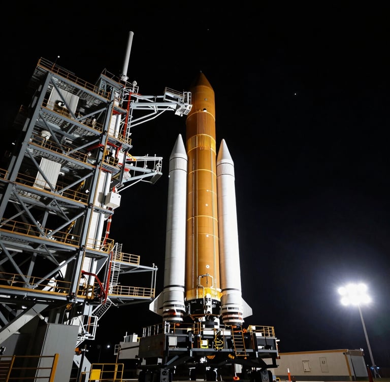 Low-angle heroic shot of the SLS launch stack on the pad at night, dramatic floodlights piercing deep space black sky, sharp technical details, 70mm cinematic aerospace photography.