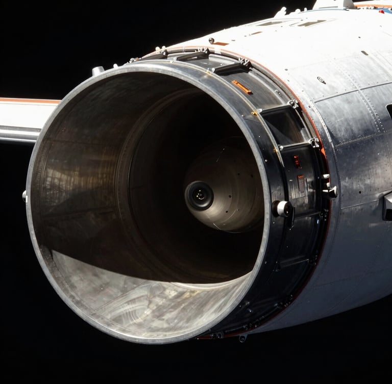 A close-up dramatic shot of the Orion spacecraft thruster nozzle in harsh direct sunlight of vacuum space, clean high-contrast deep shadows, 70mm cinematic aerospace photography