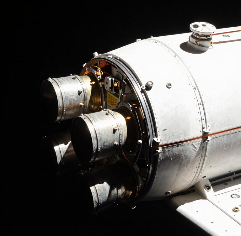 Macro technical detail of the Orion spacecraft thrusters and heat shield in extreme high-contrast key lighting, harsh direct sunlight of vacuum space, cinematic aerospace photography.