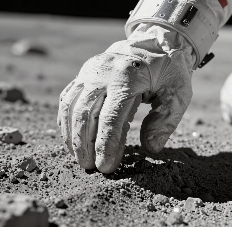 Extreme close-up of a high-fidelity lunar glove touching simulated regolith in a cleanroom, harsh key lighting, sharp technical details, 70mm
