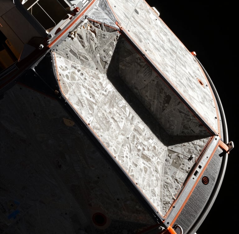 Extreme close-up of the Orion spacecraft heat shield, highlighting textured silica tiles under harsh direct sunlight of vacuum space, deep shadows, 70mm cinematic aerospace photography.