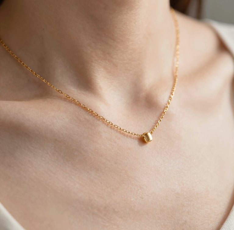 Extreme close-up of a delicate gold chain necklace resting on bare skin, soft diffused natural daylight, warm neutral tones, macro lens, shallow depth of field