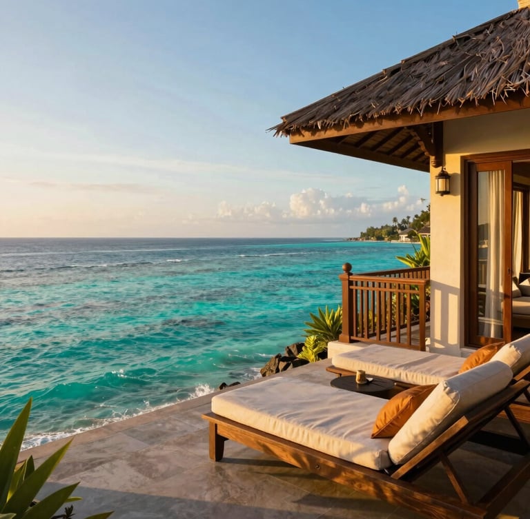 A luxury resort villa balcony overlooking a crystal-clear turquoise lagoon in Bali, warm golden-hour sunlight casting soft shadows, elegant outdoor lounge setup.