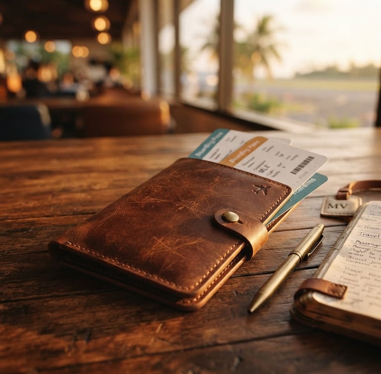 Close-up of a premium leather passport holder, boarding passes for a flight to Maldives, warm golden-hour light on a wooden travel desk, shallow depth of field, 35mm