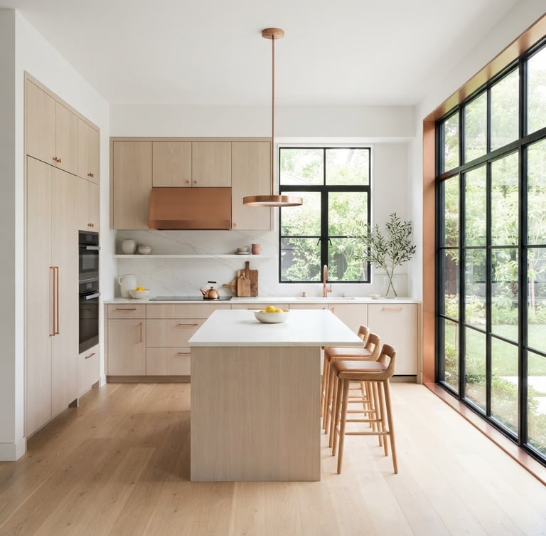 Straight-on architectural elevation of a modern kitchen, bright natural daylight streaming through large windows, minimalist white oak cabinetry, copper hardware details, sharp focus, 35mm