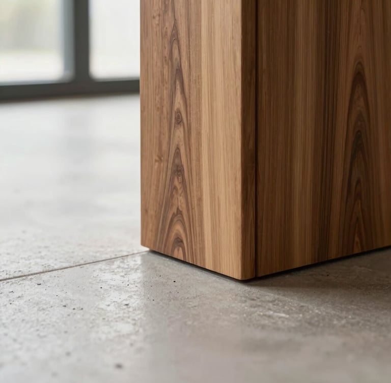 Tight detail crop of a custom walnut wood joint meeting a polished concrete floor, bright natural side light, architectural macro photography