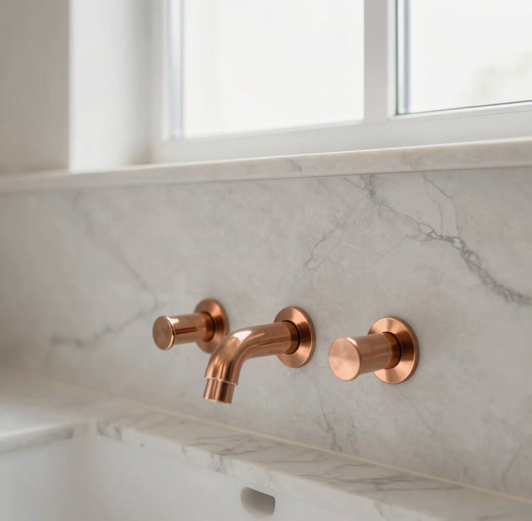 Tight detail crop of premium marble veins meeting custom copper fittings, warm minimalist tones, bright natural diffused daylight, sharp focus, high-end residential, 35mm