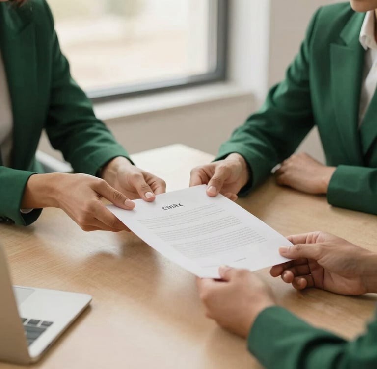 Medium-close shot of hands exchanging a signed document during a collaborative meeting, soft warm indoor lighting, focus on the details of the interaction, deep emerald and sand tones, modern office in Chía.
