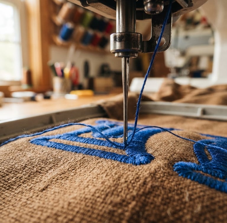 Macro shot of a heavy-duty embroidery machine needle stitching thick cobalt blue thread into brown canvas fabric, natural window light, warm workshop atmosphere, shallow depth of field, 35mm