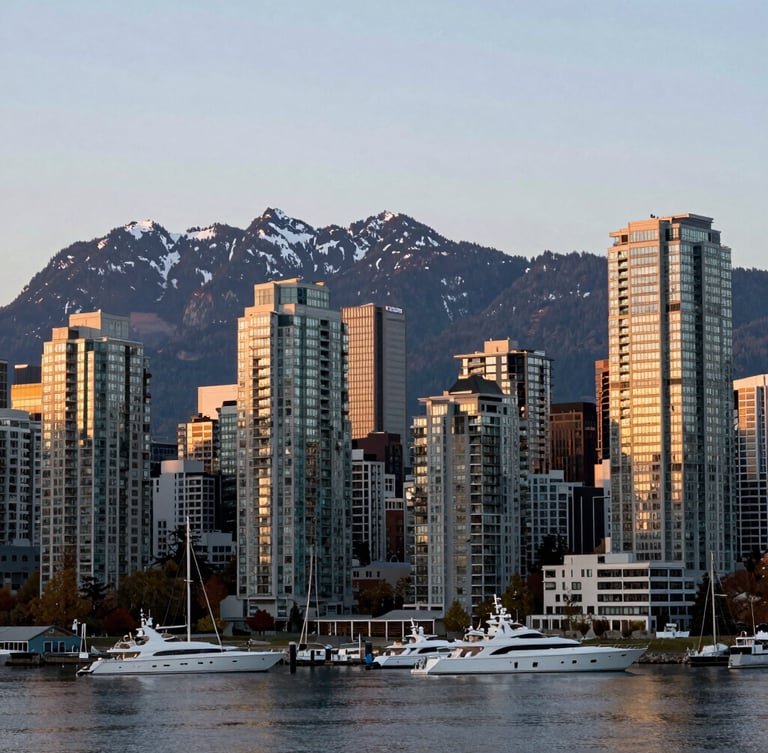 Cinematic wide-angle shot of Vancouver skyline at golden hour, luxury harbor with yachts, majestic snow-capped North Shore mountains in the background, soft warm sunlight reflecting off glass high-rises.