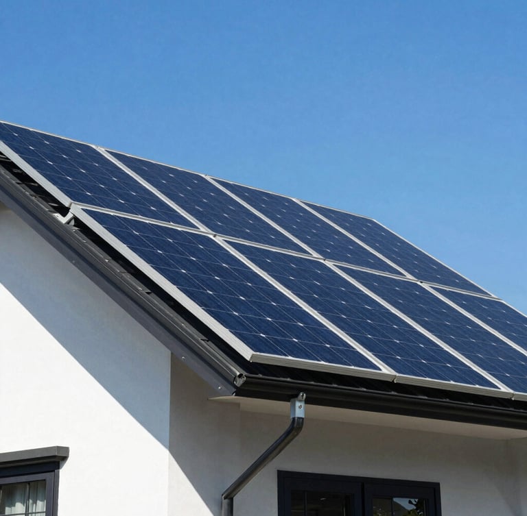 Crisp architectural photography of monocrystalline solar panels installed on a modern Indonesian residential home, bright direct sunlight, vibrant blue sky, sharp focus, clean metallic brackets visible.