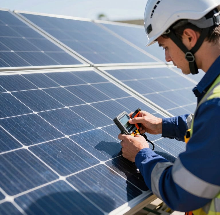 Close-up of a professional solar technician in clean safety gear and helmet, using a precise digital measurement tool on a pristine monocrystalline solar panel, bright direct sunlight, metallic reflections, sharp focus