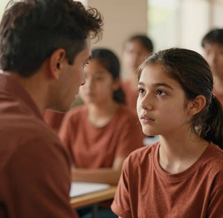 A candid close-up of a mentor listening intently to a teenage girl during a workshop, warm natural light, soft focus background, rich terracotta tones.