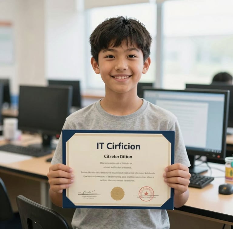 A young student proudly holding an IT certification certificate in a bright computer lab, smiling, authentic documentary style
