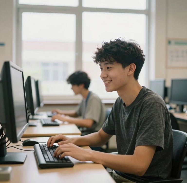 Candid portrait of a student smiling in a bright computer lab, hands on keyboard, warm window light, authentic documentary photography style.