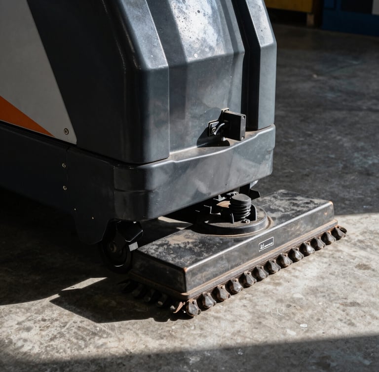 Low-angle heroic shot of a heavy-duty dark charcoal automatic sweeping machine on a textured concrete floor, dramatic side-lighting casting long shadows, sharp focus