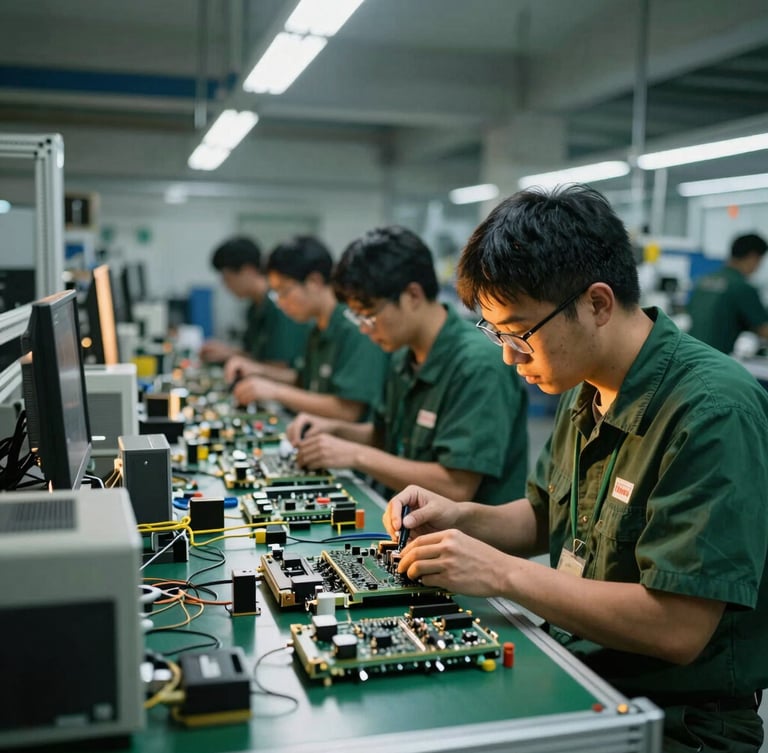 Professional KYBTRADE team member meticulously inspecting electronics on a factory floor in China, clean industrial studio lighting, sharp focus, cinematic logistics photography.