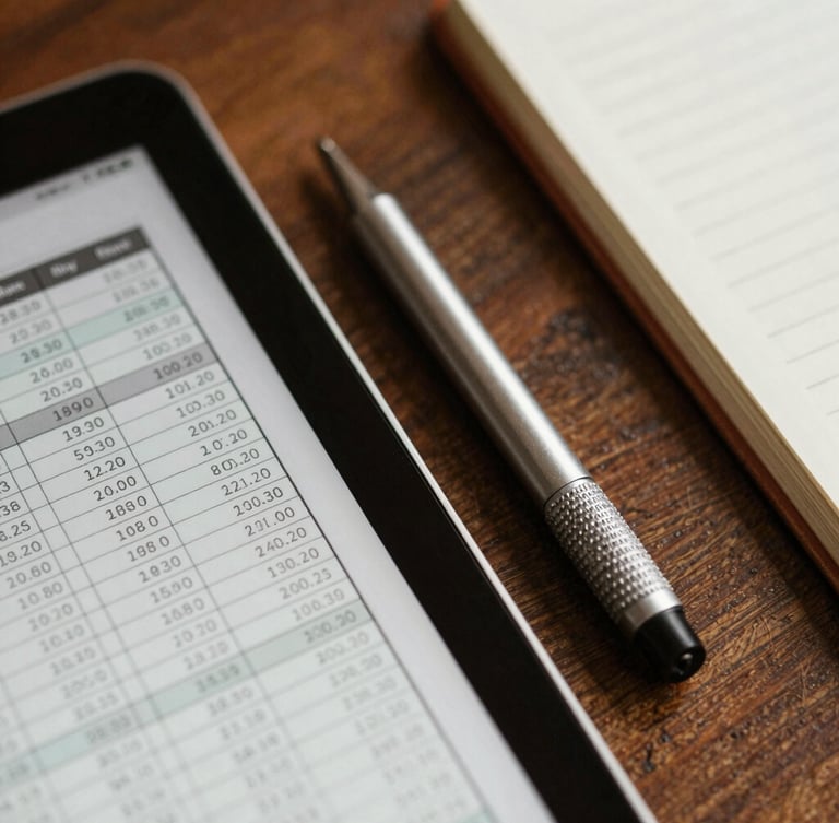 Close-up of tactile planning tools, a detailed financial spreadsheet visible on a tablet next to a notebook, warm natural side-light