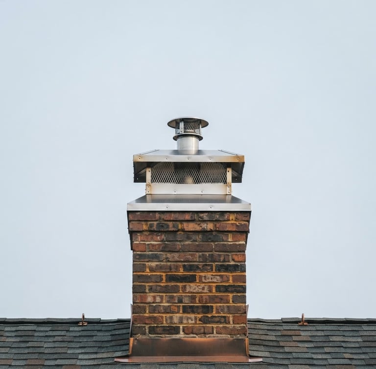 Crisp editorial photograph of a meticulously cleaned chimney cap against a clear New England sky, straight-on architectural framing, natural overcast daylight, rich charcoal and warm amber tones, sharp focus, 35mm lens.