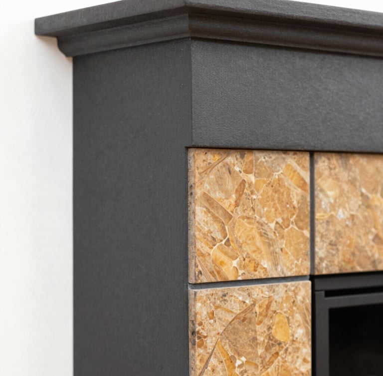 Close-up detail of clean, precise masonry joints on a fireplace, warm focused inspection lighting, sharp focus, 35mm lens.