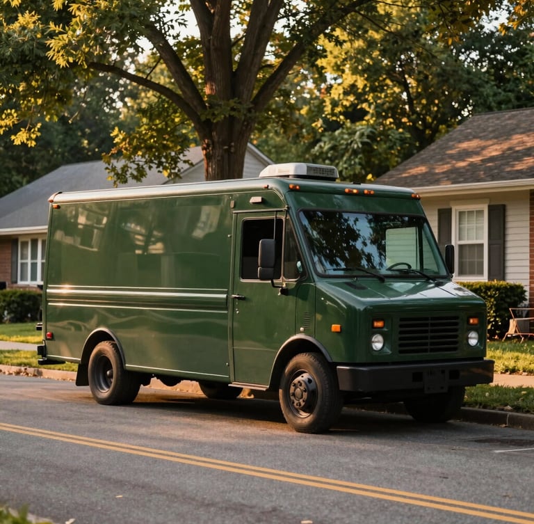 A pristine, dark forest green moving truck parked on a clean, sunlit residential street in Maryland, warm golden hour light, editorial composition