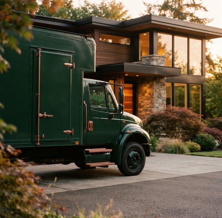 Editorial medium-to-close-up shot of a pristine, dark forest green moving truck parked in front of a beautiful modern home, warm golden-hour light, shallow depth of field, 35mm