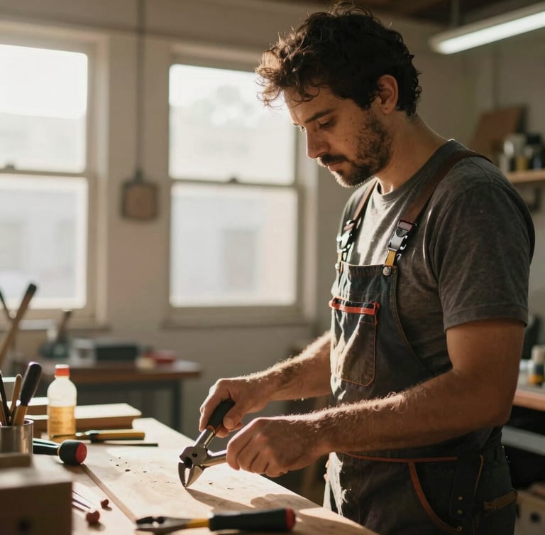 A local Brazilian business owner in a sunlit workshop, holding tools, warm morning daylight, authentic candid moment, shallow depth of field