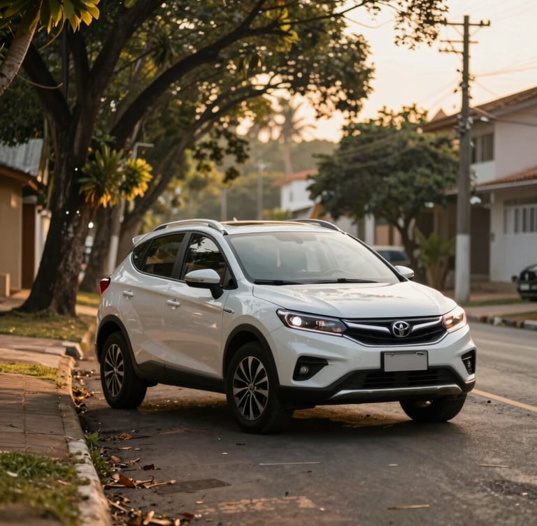A modern clean SUV parked on a quiet tree-lined neighborhood street in Brazil, soft golden afternoon light, warm tones, shallow depth of field.