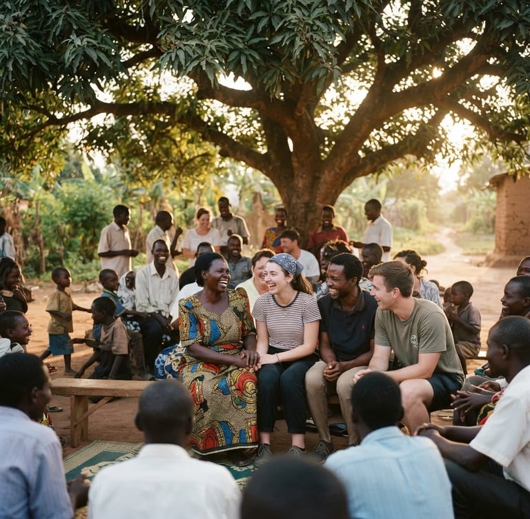 Warm editorial photography of an open-air community gathering under a large tree, soft golden hour light filtering through leaves, local believers and mission team members smiling together, 35mm.