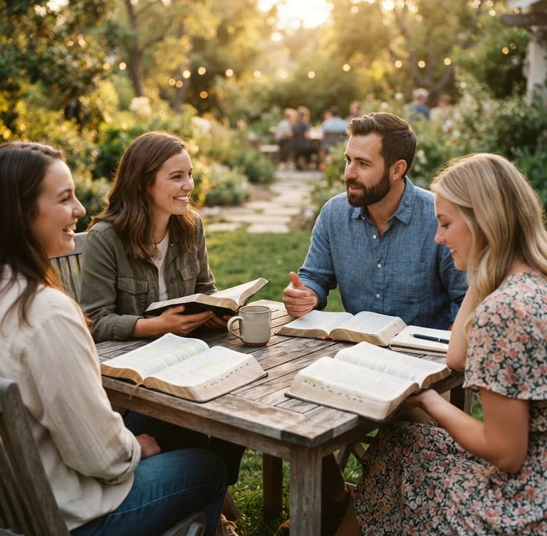 Warm editorial photography of a small group discipleship circle gathered outdoors at golden hour, open Bibles on a wooden table, soft natural light, shallow depth of field, 35mm.