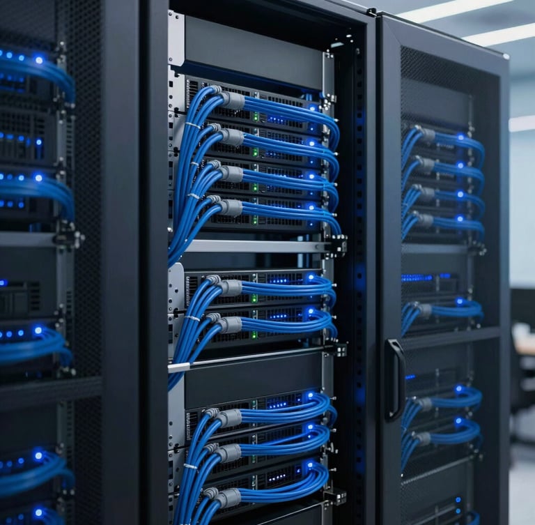 Medium close-up of organized server racks with clean blue cabling, glowing LED indicator lights, professional cool-toned corporate tech environment, 35mm