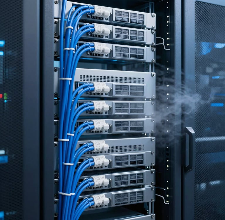 Close-up of organized server racks with clean blue and white cabling, subtle cooling mist, high-tech corporate datacenter, professional photography