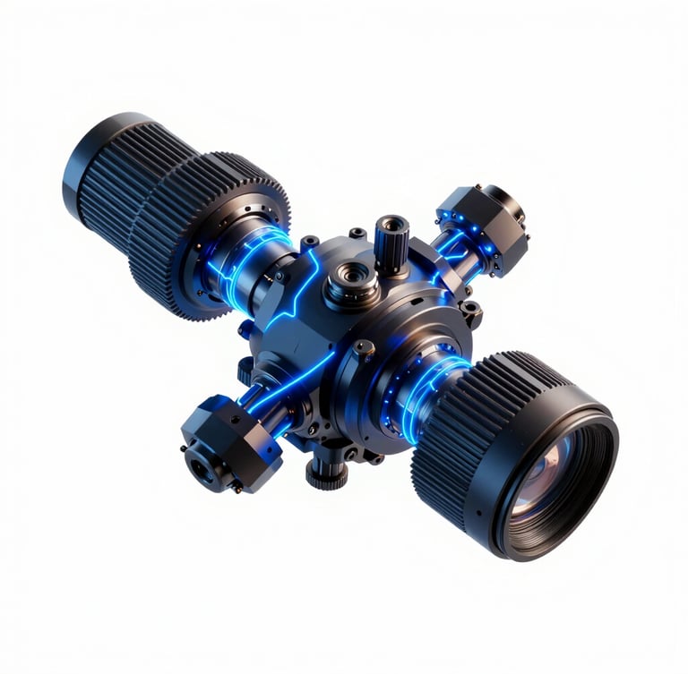 Orthographic 3D render of a complex mechanical node, glowing electric blue vector lines, high-contrast artificial studio lighting, white background.