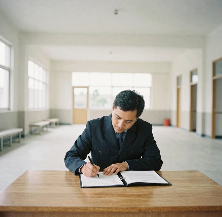 Medium-wide shot of a local municipal authority representative signing handover documents on a wooden table inside a newly completed community hall, bright natural overcast light, desaturated organic tones, medium format film.