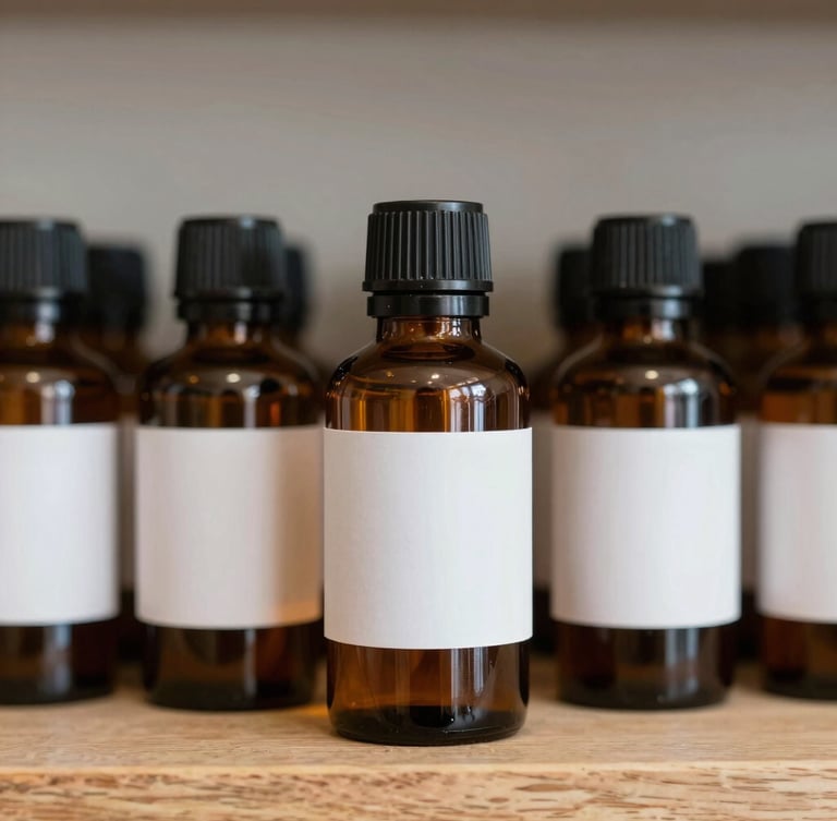 Straight-on macro photograph of clean, amber glass apothecary bottles with minimalist white labels, organized on a light oak shelf, soft diffused daylight.