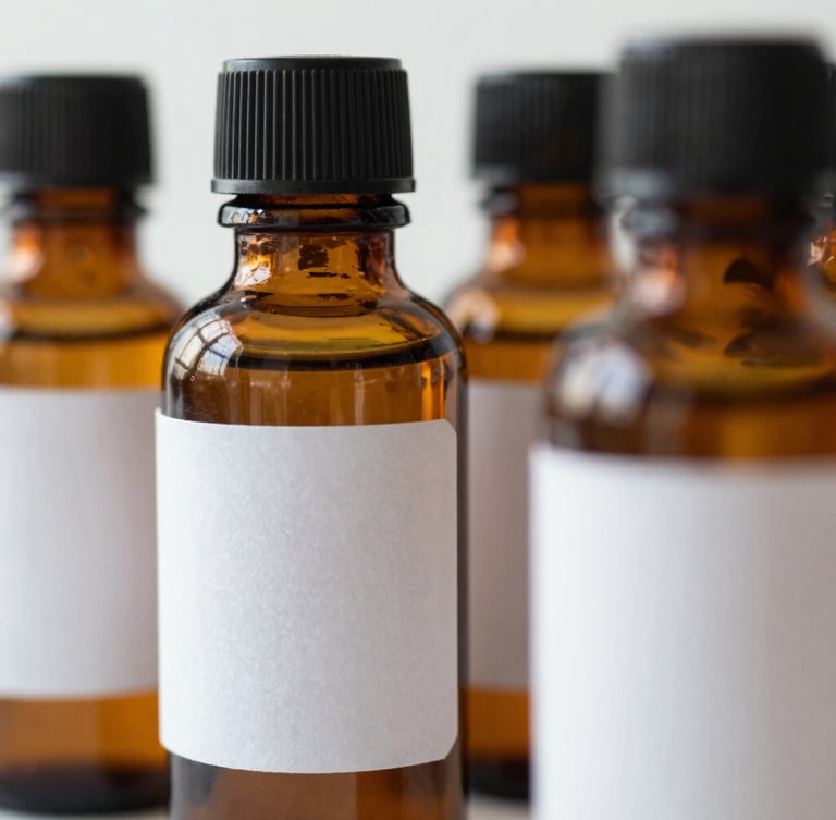 Close-up of amber glass apothecary bottles with clean, minimal white labels, bright diffused daylight.