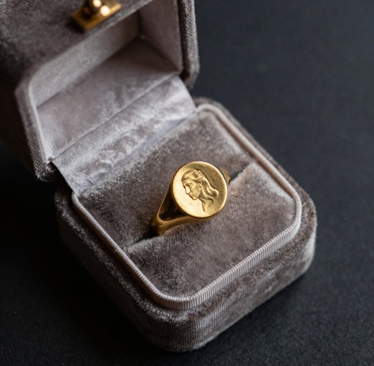 Overhead flat-lay of an open antique velvet jewelry box, a heavy 18k Georgian gold signet ring resting on faded silk, moody directional window side-light, deep charcoal background, rich gold patina