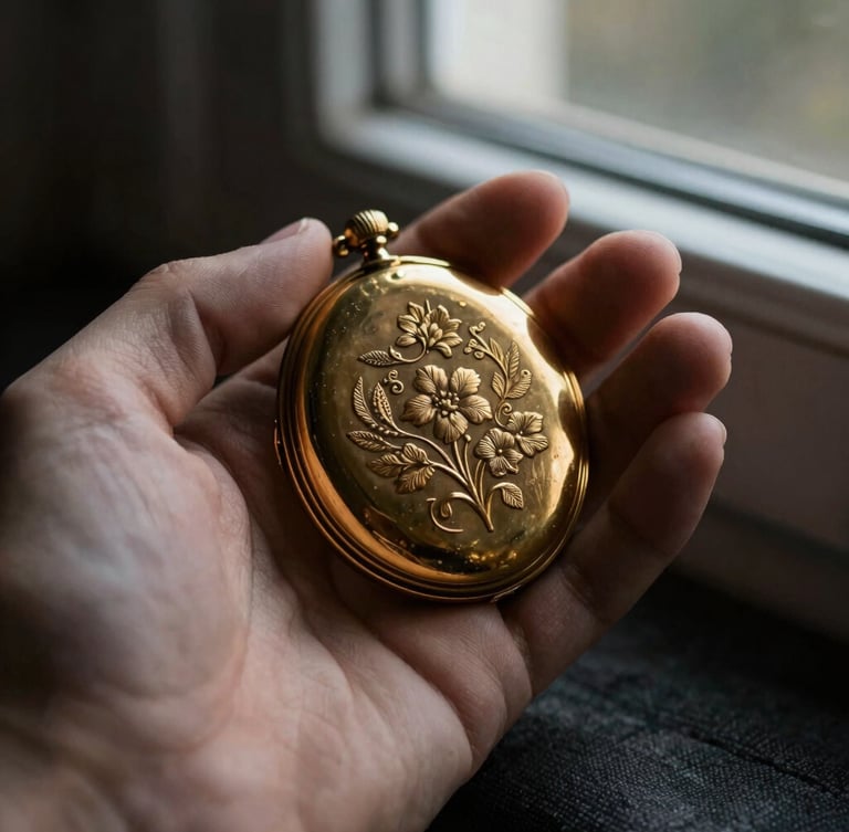 Macro photograph of a hand holding an antique gold locket against dark linen, soft window side-light emphasizing the hand-engraved floral details.