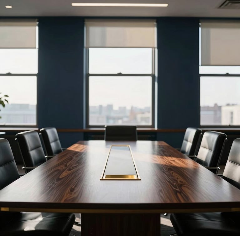 Symmetrical composition of a quiet, professional boardroom with a dark oak table and brass accents, natural low-angle sunlight filtering through large windows, 35mm