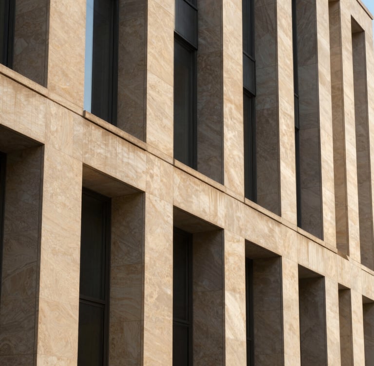 Architectural close-up of a modern corporate limestone facade, sharp geometric shadows, warm morning sunlight, 35mm.