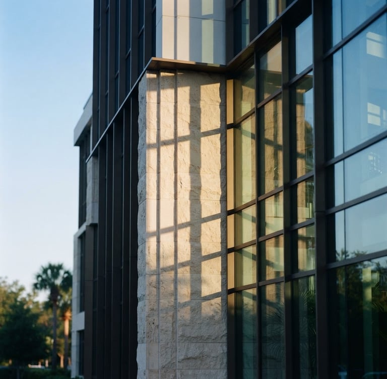 Architectural detail of a modern limestone and glass corporate building in Winter Park, soft morning sunlight casting long geometric shadows, editorial 35mm photography