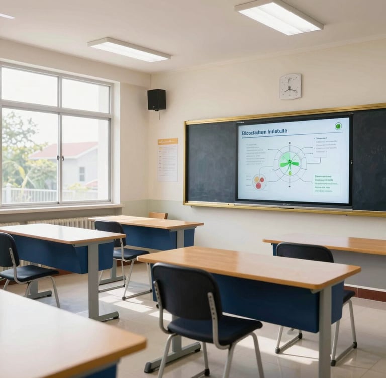 Bright modern coaching institute classroom in Tamil Nadu, clean desks, interactive smart board showing biology diagrams, natural daylight streaming through large windows.